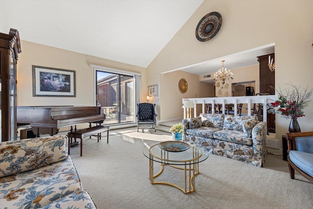 living room featuring a chandelier, high vaulted ceiling, and carpet