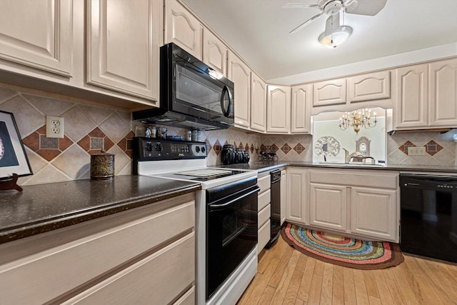 kitchen with sink, decorative backsplash, ceiling fan, black appliances, and light hardwood / wood-style flooring