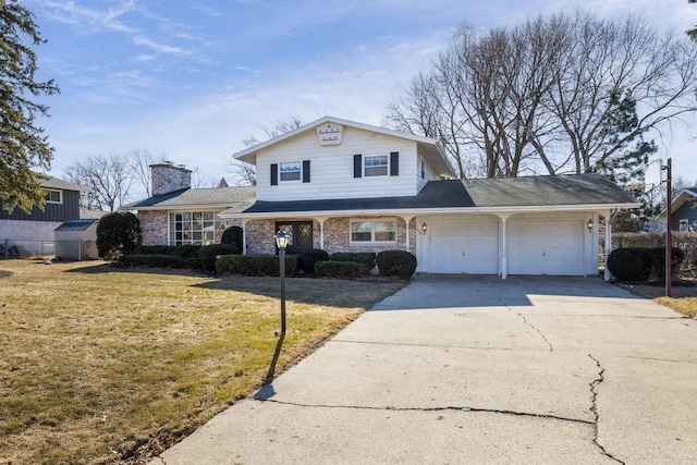 traditional-style home featuring driveway, a garage, a chimney, and a front lawn