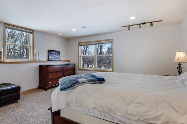 carpeted bedroom with track lighting