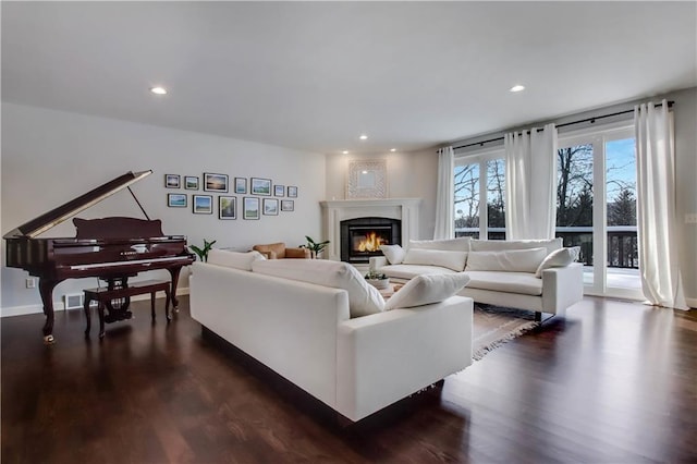 living room featuring dark wood-type flooring