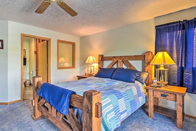 bedroom with carpet floors, a textured ceiling, and ceiling fan