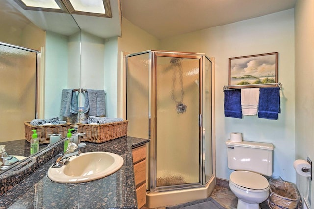 bathroom with vanity, toilet, and a shower with shower door