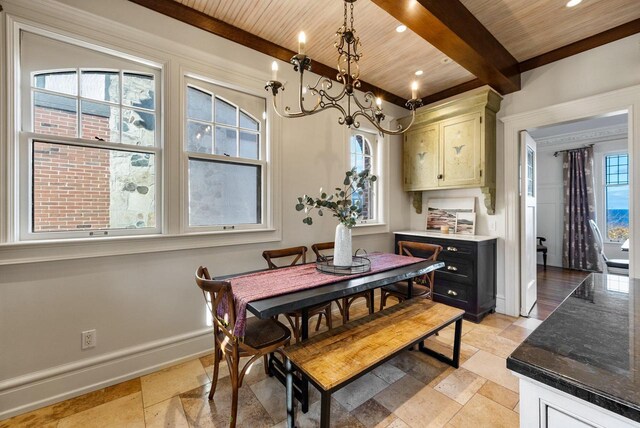 dining room with beamed ceiling, an inviting chandelier, and wooden ceiling