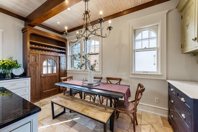 dining room with a wealth of natural light, a notable chandelier, and beam ceiling