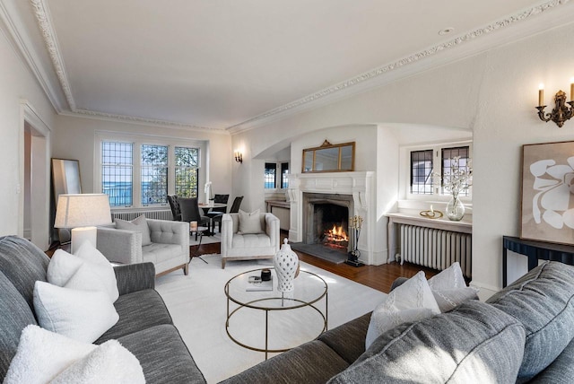 living room with radiator, crown molding, a fireplace, and a healthy amount of sunlight