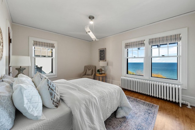 bedroom with radiator, hardwood / wood-style flooring, and a water view