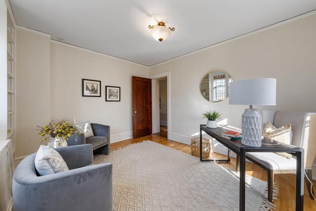 office area featuring crown molding and light hardwood / wood-style floors