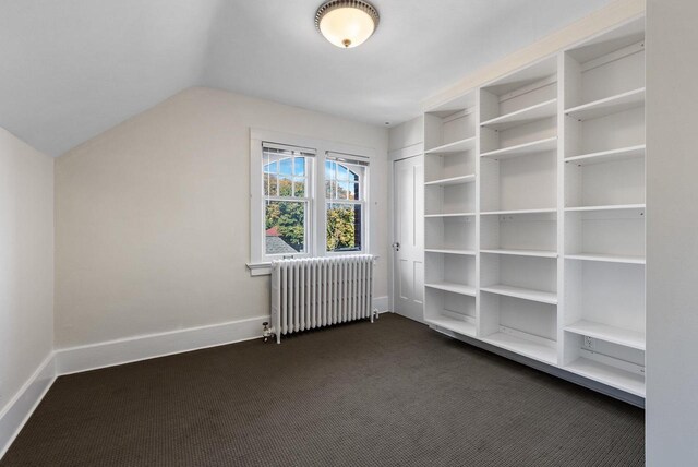 additional living space featuring radiator, vaulted ceiling, and dark colored carpet