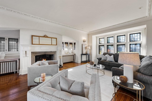 living room featuring crown molding, radiator, and dark hardwood / wood-style floors