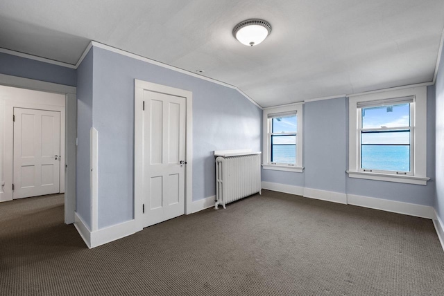 additional living space with radiator heating unit, vaulted ceiling, and dark colored carpet