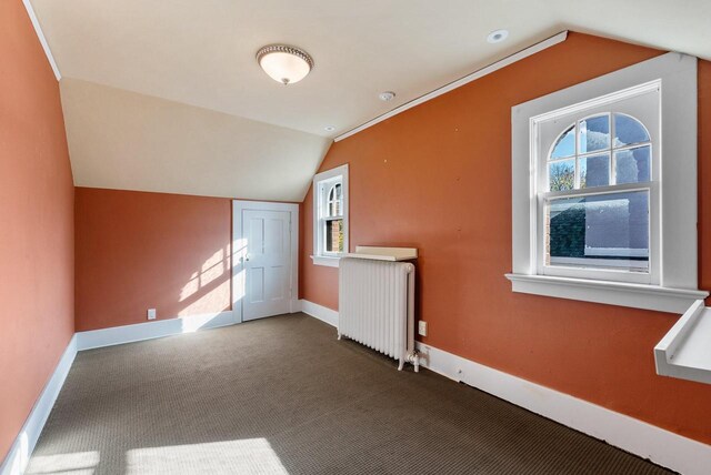 bonus room with lofted ceiling, radiator, and carpet floors