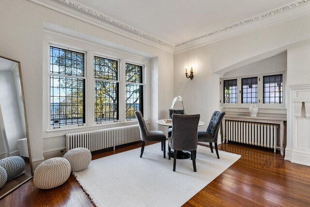 dining space with radiator, dark wood-type flooring, and a healthy amount of sunlight