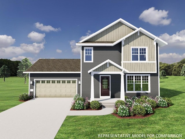 craftsman inspired home featuring a garage and a front yard