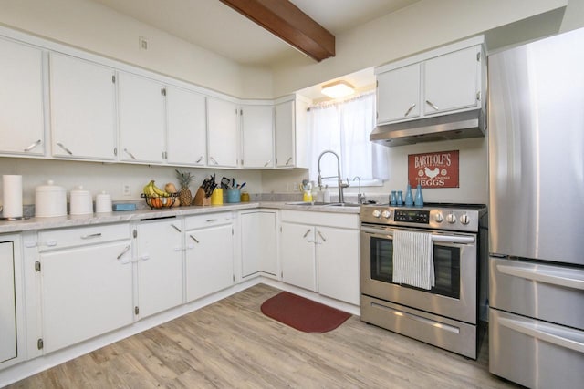 kitchen with stainless steel appliances, light countertops, under cabinet range hood, and white cabinetry