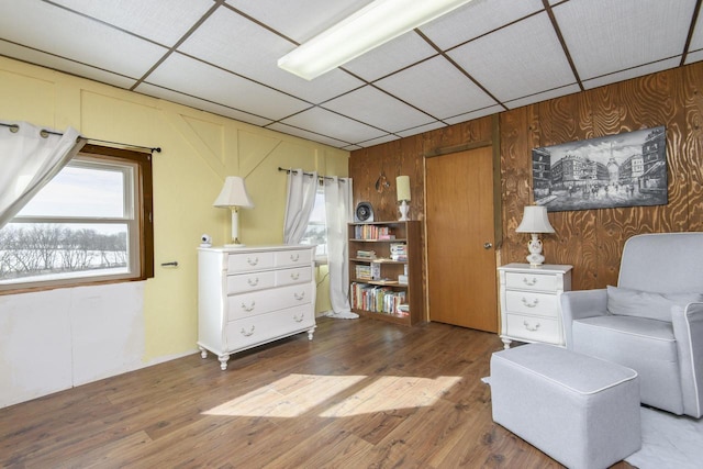 living area featuring a wealth of natural light, wood finished floors, and a paneled ceiling