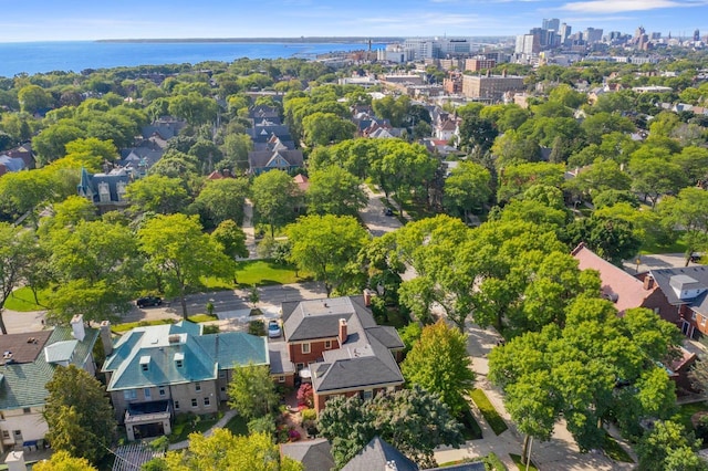 drone / aerial view with a water view