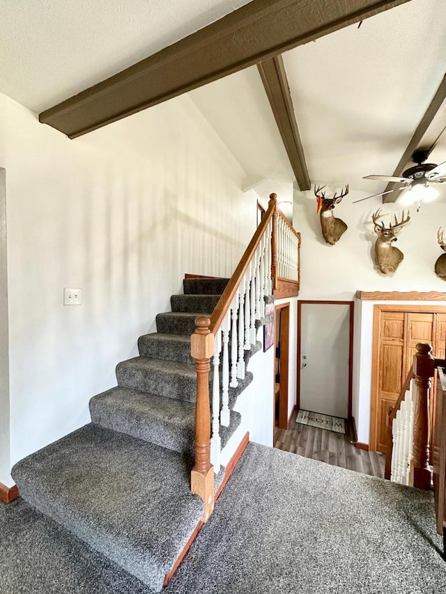 stairs with ceiling fan, hardwood / wood-style floors, a textured ceiling, and vaulted ceiling with beams