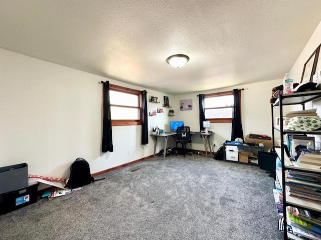 carpeted office with a textured ceiling