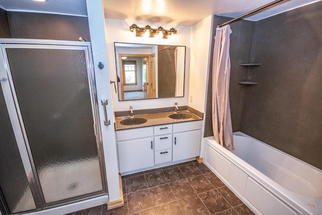 bathroom with shower / bath combo with shower curtain and vanity