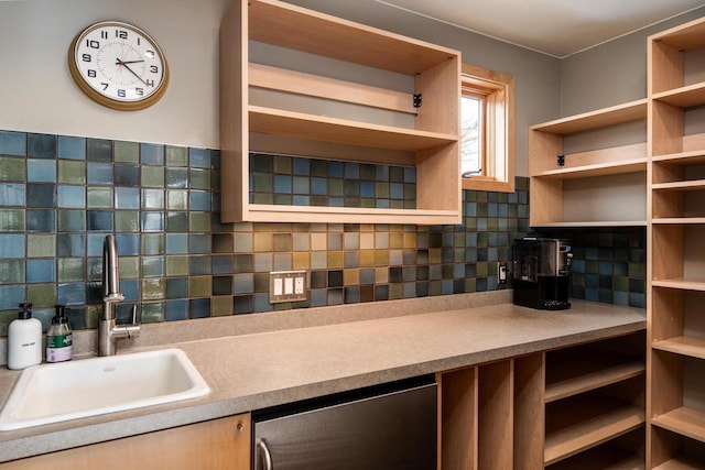 kitchen with dishwasher, a sink, decorative backsplash, and open shelves