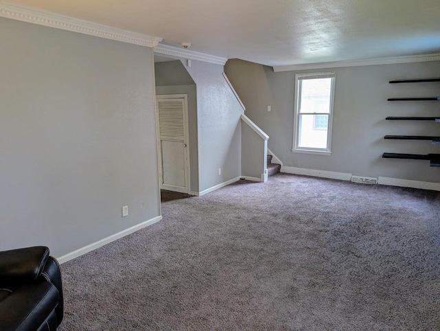 interior space with ornamental molding and carpet