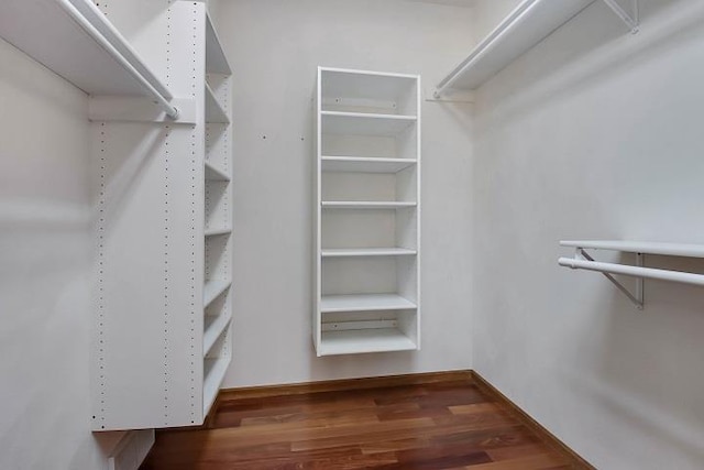 walk in closet with dark hardwood / wood-style floors