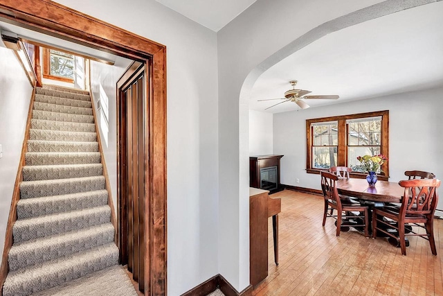 dining room featuring plenty of natural light, ceiling fan, and light hardwood / wood-style flooring