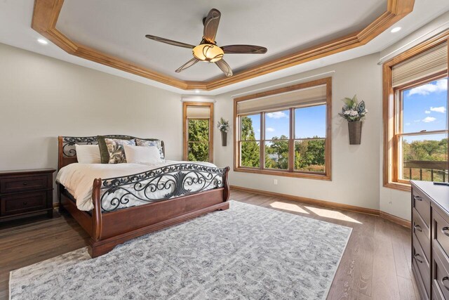 6507 Willow Ct, Waterford, WI 53185 - bedroom featuring crown molding, a tray ceiling, ceiling fan, and hardwood / wood-style flooring