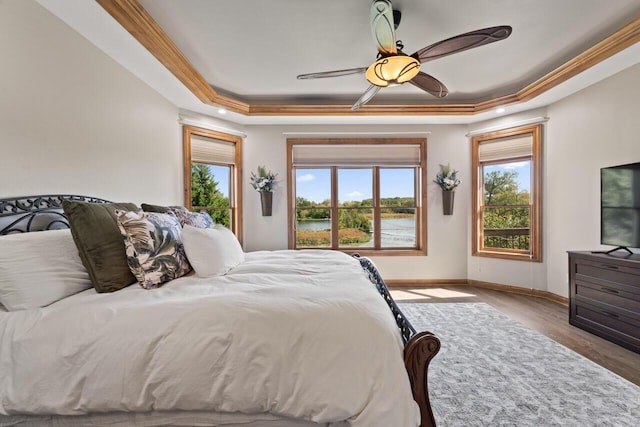 6507 Willow Ct, Waterford, WI 53185 - bedroom featuring crown molding, ceiling fan, light hardwood / wood-style floors, and a tray ceiling