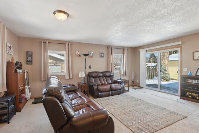 carpeted living room with plenty of natural light and a textured ceiling