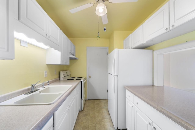 kitchen featuring ceiling fan, white appliances, sink, and white cabinets