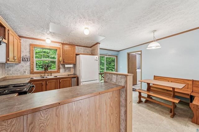 33315 State Highway 13, Bayfield, WI 54814 - kitchen featuring freestanding refrigerator, ornamental molding, electric range, hanging light fixtures, and brown cabinets