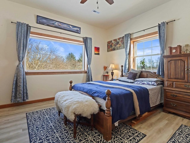 bedroom featuring ceiling fan and light hardwood / wood-style floors