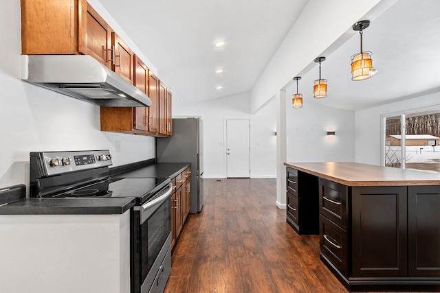 kitchen featuring dark countertops, appliances with stainless steel finishes, hanging light fixtures, vaulted ceiling, and under cabinet range hood