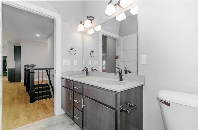 bathroom featuring vanity, toilet, and hardwood / wood-style floors