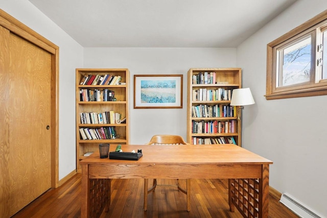 office space with dark hardwood / wood-style flooring and a baseboard radiator