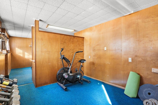 exercise room with carpet and wood walls