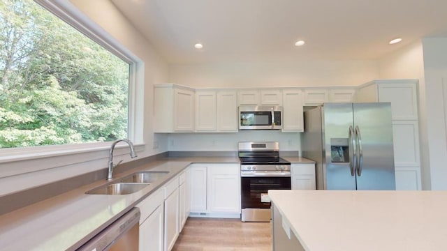 kitchen featuring stainless steel appliances, sink, white cabinets, and light wood-type flooring