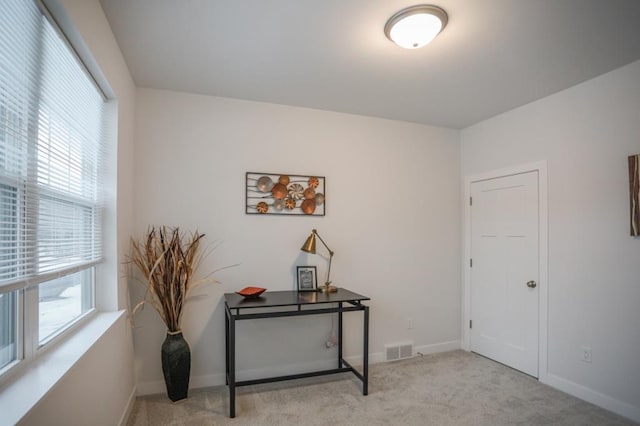 interior space with light colored carpet and plenty of natural light