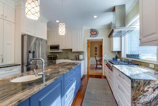 kitchen featuring blue cabinetry, sink, stainless steel appliances, range hood, and white cabinets