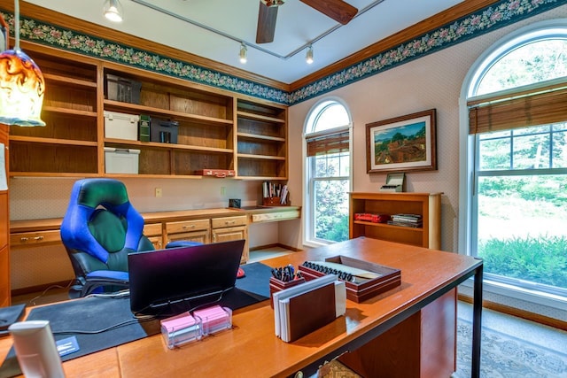 office area with crown molding, ceiling fan, and built in desk