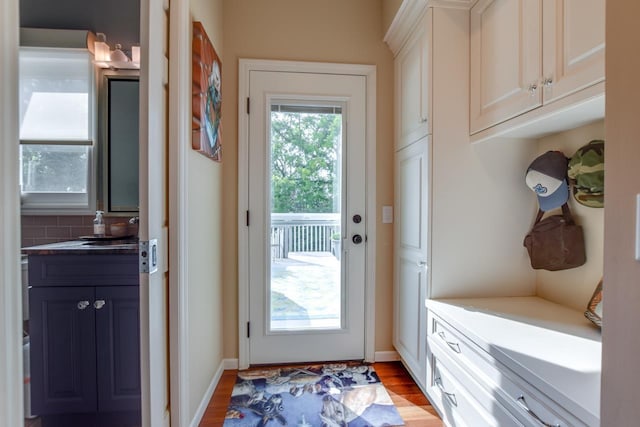 doorway to outside featuring sink and light hardwood / wood-style floors