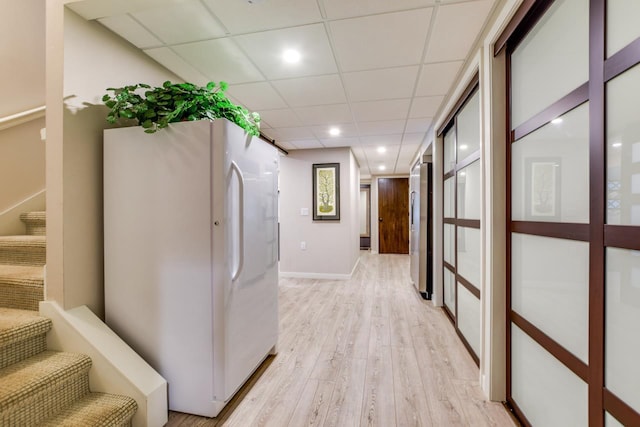 hallway with light hardwood / wood-style floors and a drop ceiling