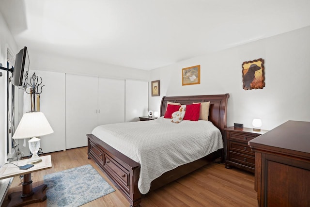 bedroom with light wood-type flooring and a closet