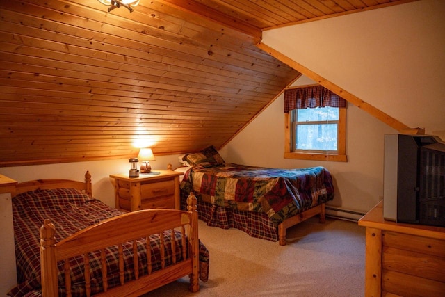 bedroom with lofted ceiling, wooden ceiling, baseboard heating, and carpet flooring