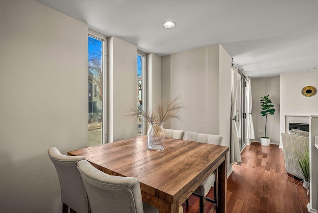 dining space with floor to ceiling windows, a fireplace, and dark wood finished floors