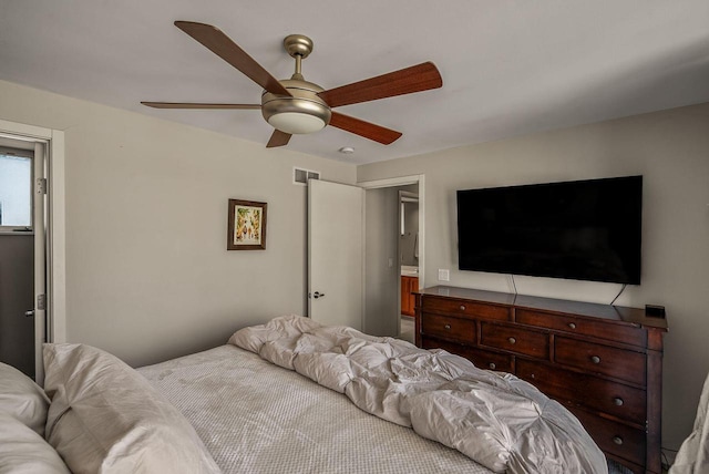 bedroom featuring ceiling fan and visible vents