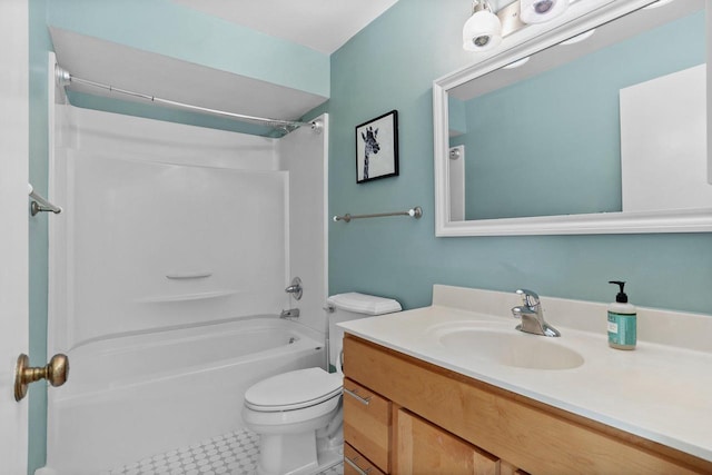 full bathroom featuring shower / bathtub combination, vanity, toilet, and tile patterned floors