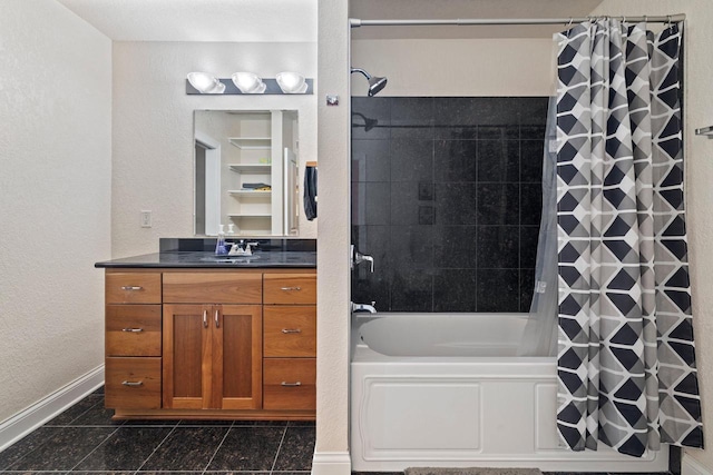 bathroom with vanity and shower / bathtub combination with curtain